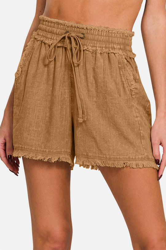 Shorts Femme Décontractés en Lin Lavé avec Taille à Cordon et Ourlet Effiloché 1