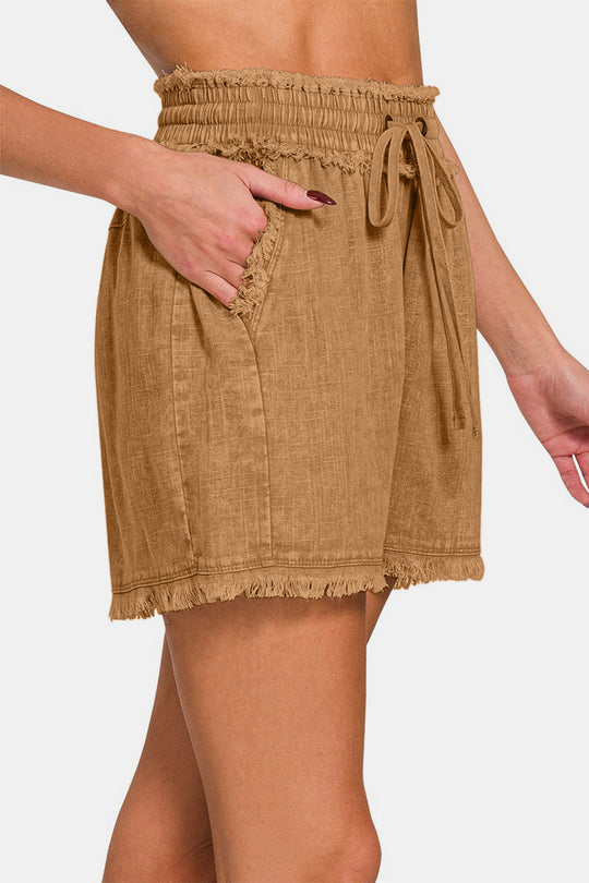 Shorts Femme Décontractés en Lin Lavé avec Taille à Cordon et Ourlet Effiloché 2