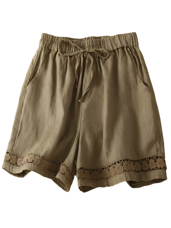 Shorts Femmes Amples en Lin et Coton Tissé avec Détails en Dentelle 0