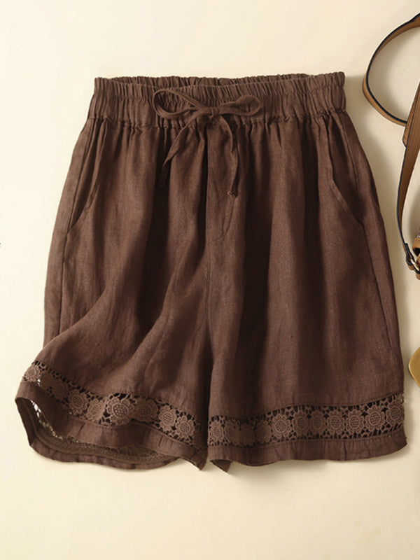 Shorts Femmes Amples en Lin et Coton Tissé avec Détails en Dentelle 1