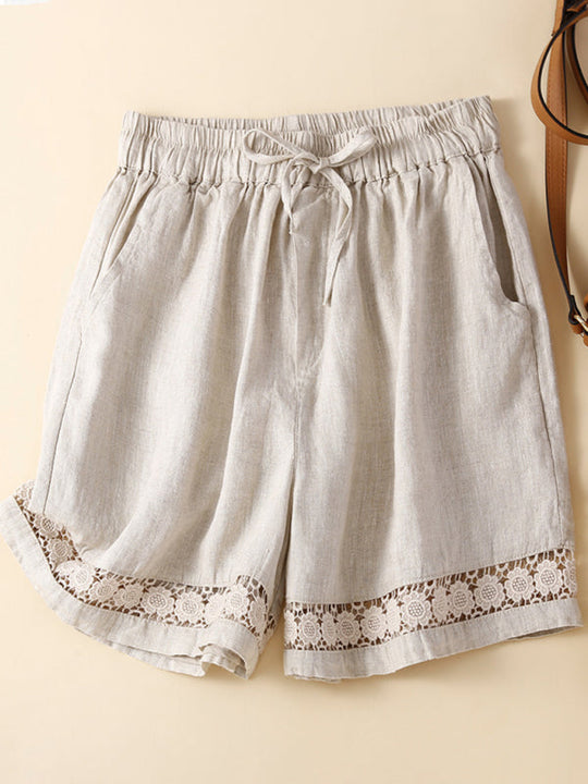 Shorts Femmes Amples en Lin et Coton Tissé avec Détails en Dentelle 2