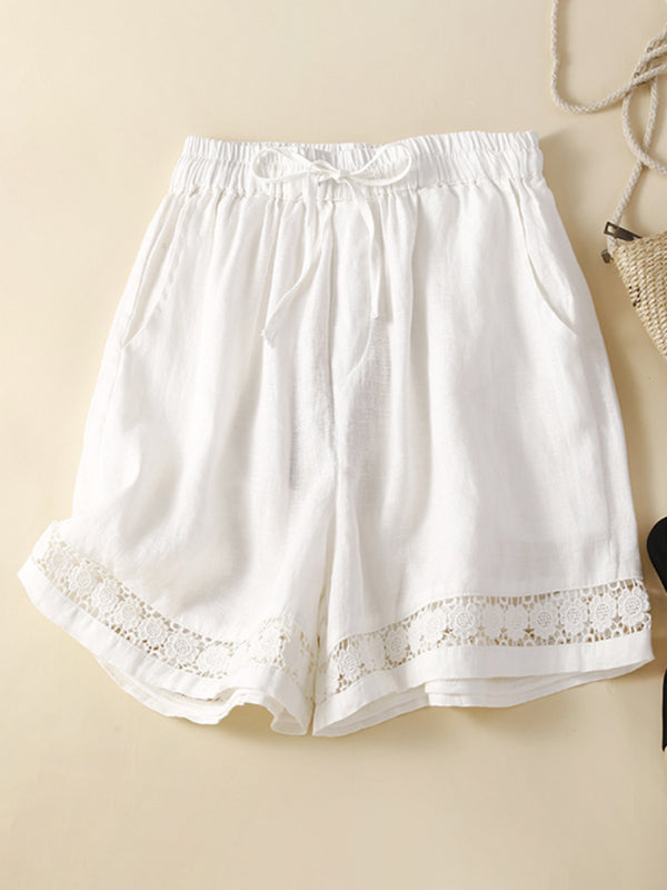 Shorts Femmes Amples en Lin et Coton Tissé avec Détails en Dentelle 3