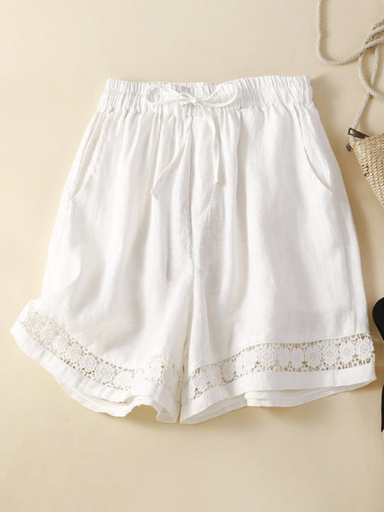 Shorts Femmes Amples en Lin et Coton Tissé avec Détails en Dentelle 3