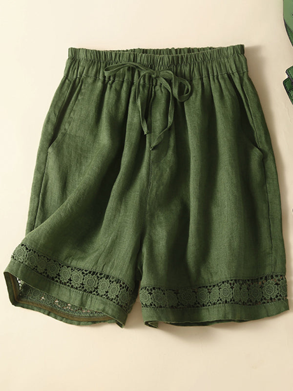 Shorts Femmes Amples en Lin et Coton Tissé avec Détails en Dentelle 4