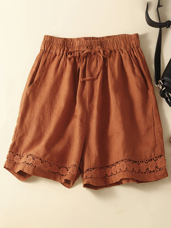 Shorts Femmes Amples en Lin et Coton Tissé avec Détails en Dentelle 5