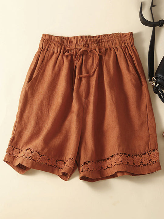 Shorts Femmes Amples en Lin et Coton Tissé avec Détails en Dentelle 5