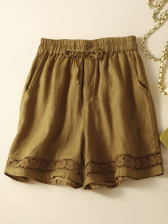 Shorts Femmes Amples en Lin et Coton Tissé avec Détails en Dentelle 6