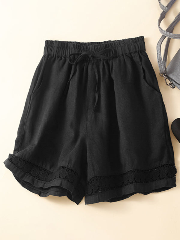 Shorts Femmes Amples en Lin et Coton Tissé avec Détails en Dentelle 7