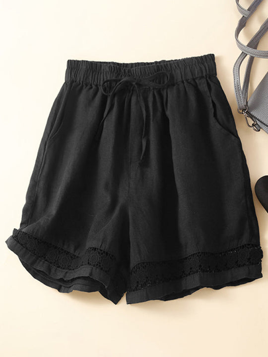 Shorts Femmes Amples en Lin et Coton Tissé avec Détails en Dentelle 7