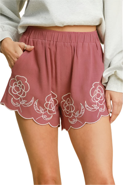 Shorts en Lin Mélangé avec Broderie Florale pour Femmes 0