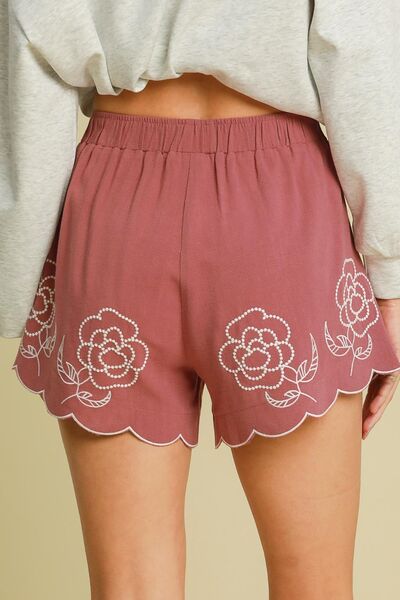 Shorts en Lin Mélangé avec Broderie Florale pour Femmes 1