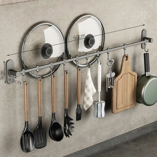 Support mural pour ustensiles de cuisine avec crochets en acier inoxydable 0