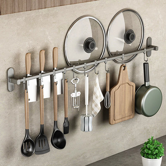 Support mural pour ustensiles de cuisine avec crochets en acier inoxydable 1