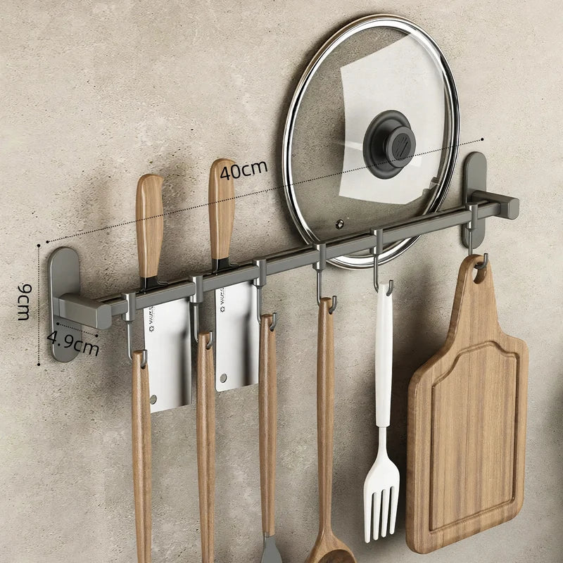 Support mural pour ustensiles de cuisine avec crochets en acier inoxydable 6