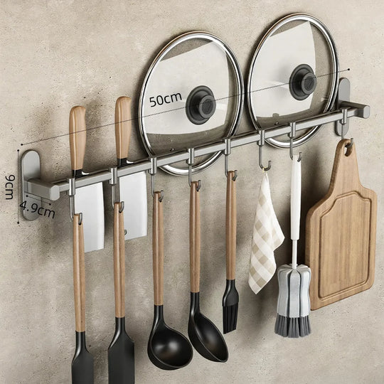 Support mural pour ustensiles de cuisine avec crochets en acier inoxydable 8
