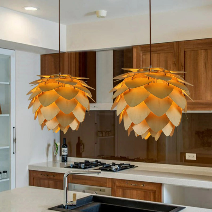 Suspension Luminaire Bois Pomme de Pin Artisanale Ajustable 7
