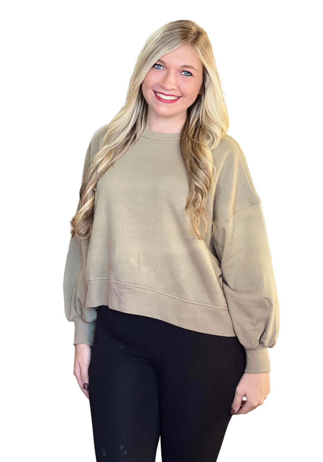 Sweat-shirt à Manches Bouffantes pour Femme en Couleur Kaki 0