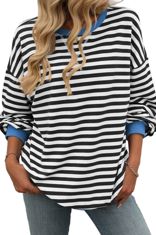 Sweatshirt à Col Rond Rayé Noir et Blanc 0