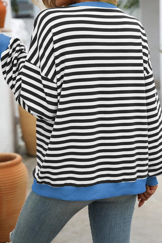 Sweatshirt à Col Rond Rayé Noir et Blanc 1