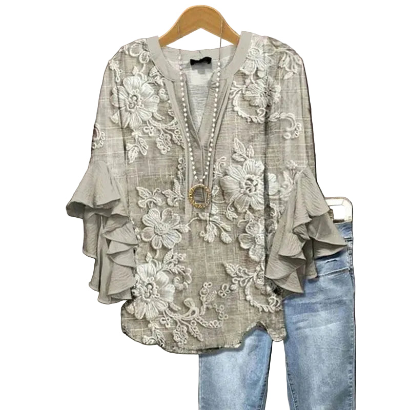 T-Shirt Femme Floral à Ourlets Volants 0