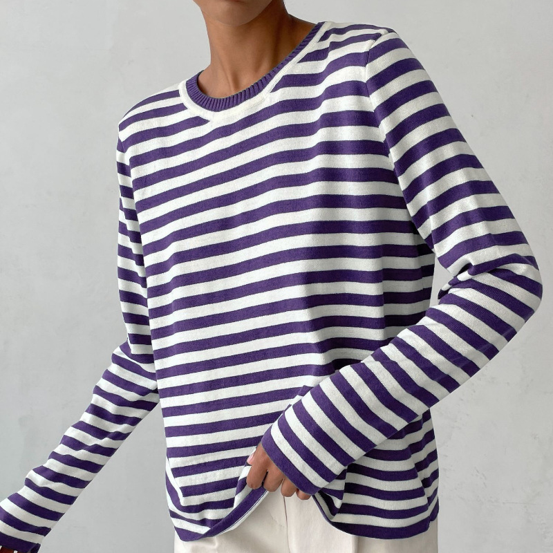 Tee Shirt Femme Manches Longues à Rayures Style Automnal 9