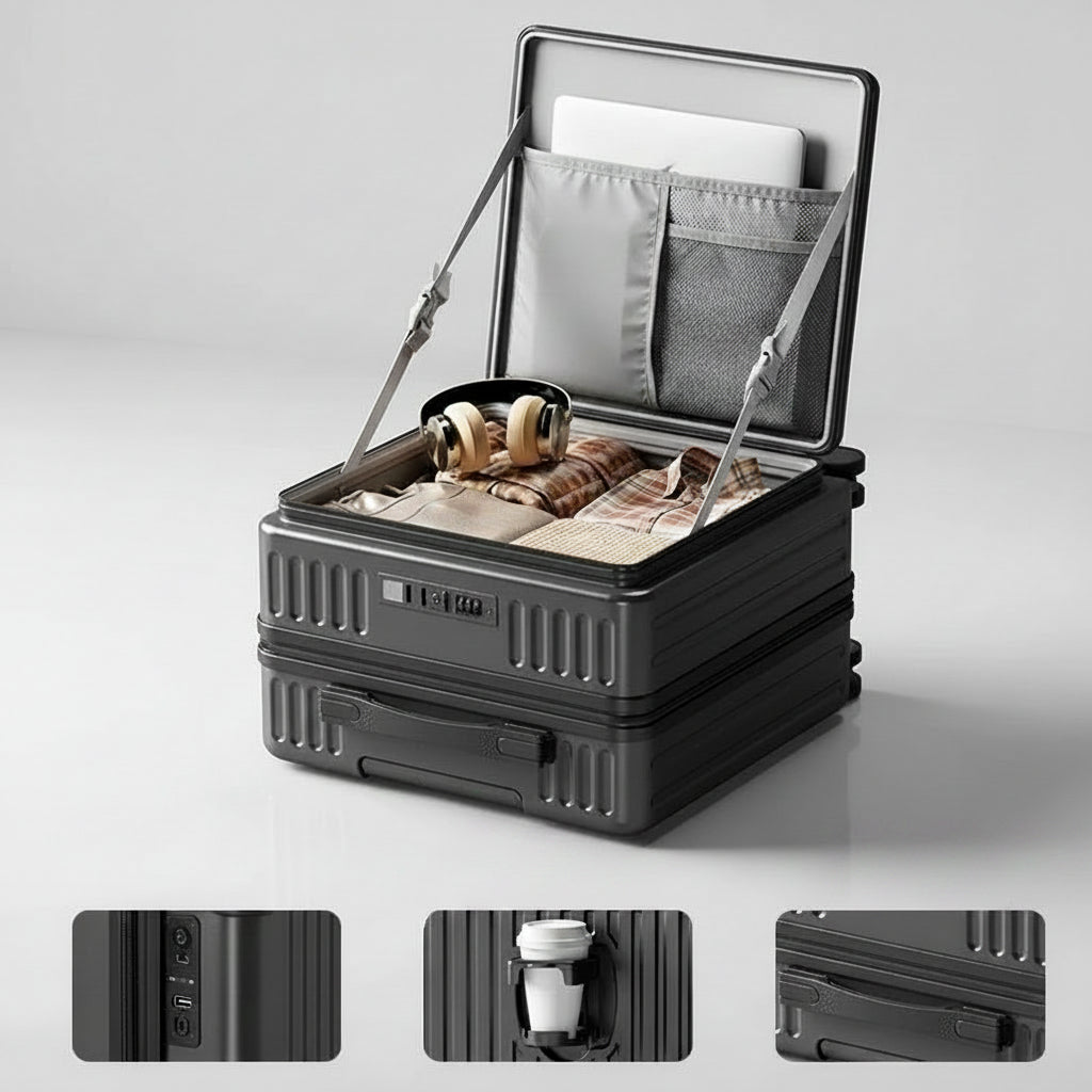 Valise de voyage multifonctionnelle avec port USB et porte-gobelet pliable 0