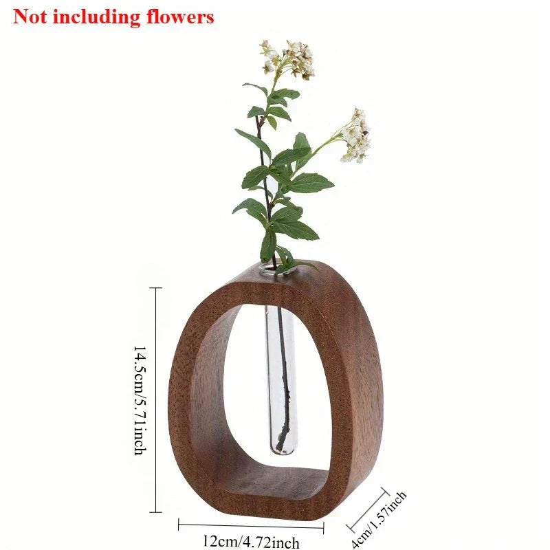 Vase Décoratif Ovale en Bois avec Tube en Verre pour Tige Unique 0