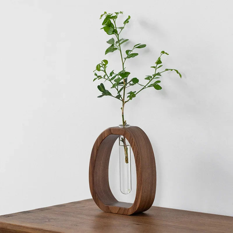 Vase Décoratif Ovale en Bois avec Tube en Verre pour Tige Unique 1
