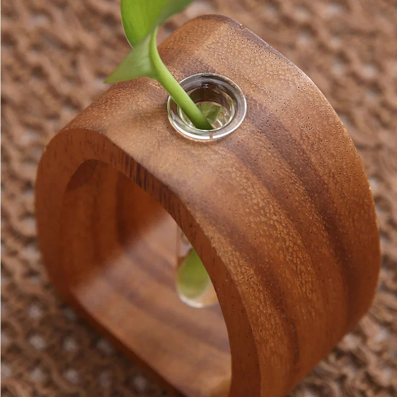 Vase Décoratif Ovale en Bois avec Tube en Verre pour Tige Unique 2