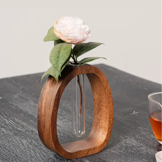 Vase Décoratif Ovale en Bois avec Tube en Verre pour Tige Unique 3