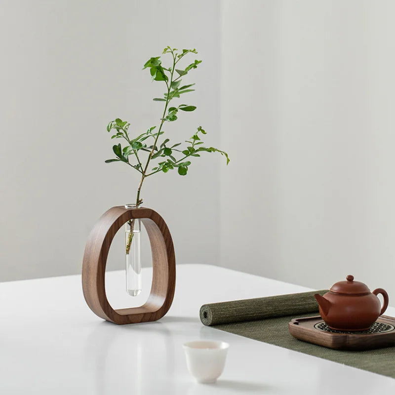 Vase Décoratif Ovale en Bois avec Tube en Verre pour Tige Unique 4
