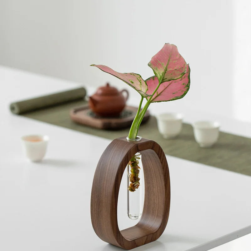 Vase Décoratif Ovale en Bois avec Tube en Verre pour Tige Unique 5