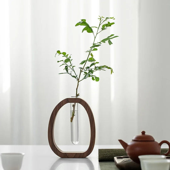 Vase Décoratif Ovale en Bois avec Tube en Verre pour Tige Unique 6