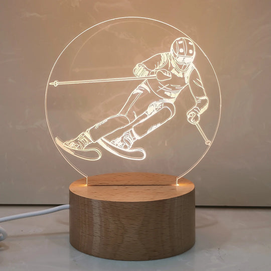 Veilleuse d'ambiance 3D avec abat-jour diffusant et socle en bois naturel 4