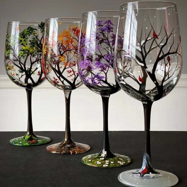 Verres à Vin Arbre des Quatre Saisons Design Artistique Peints à la Main 1