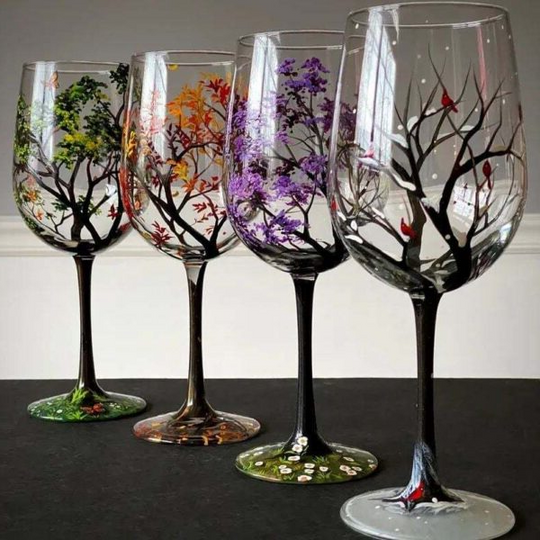 Verres à Vin Arbre des Quatre Saisons Design Artistique Peints à la Main 1