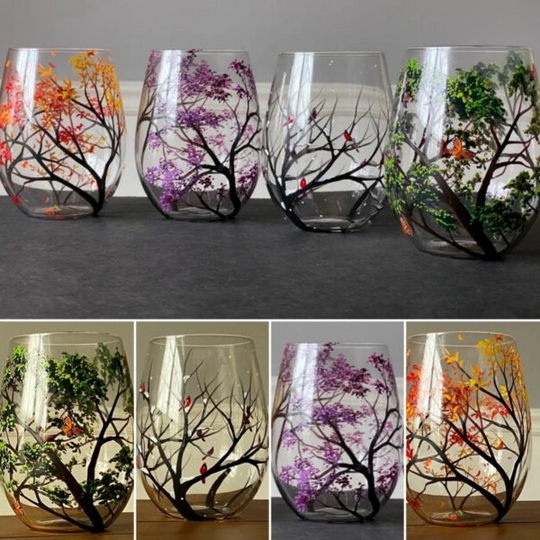 Verres à Vin Arbre des Quatre Saisons Design Artistique Peints à la Main 9