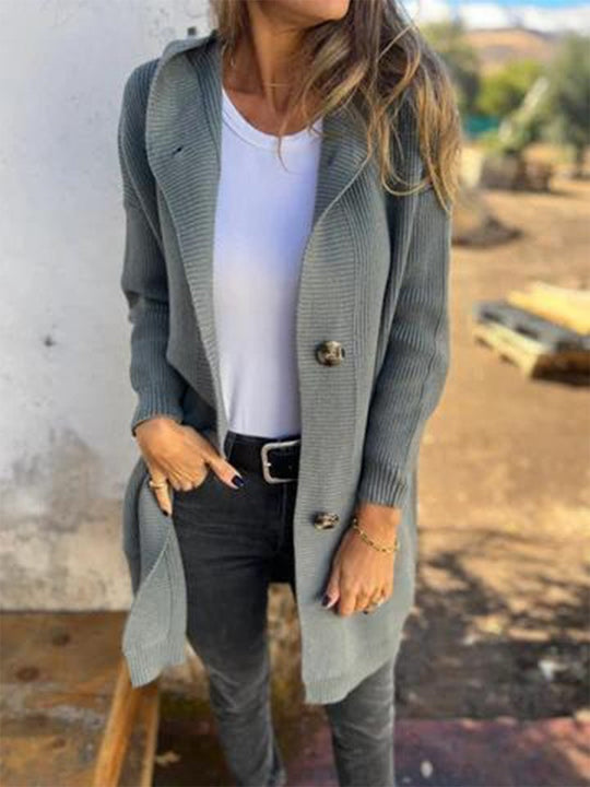 Veste Tricotée Femme à Capuche Côtelée avec Poches et Fermeture à Boutons 1