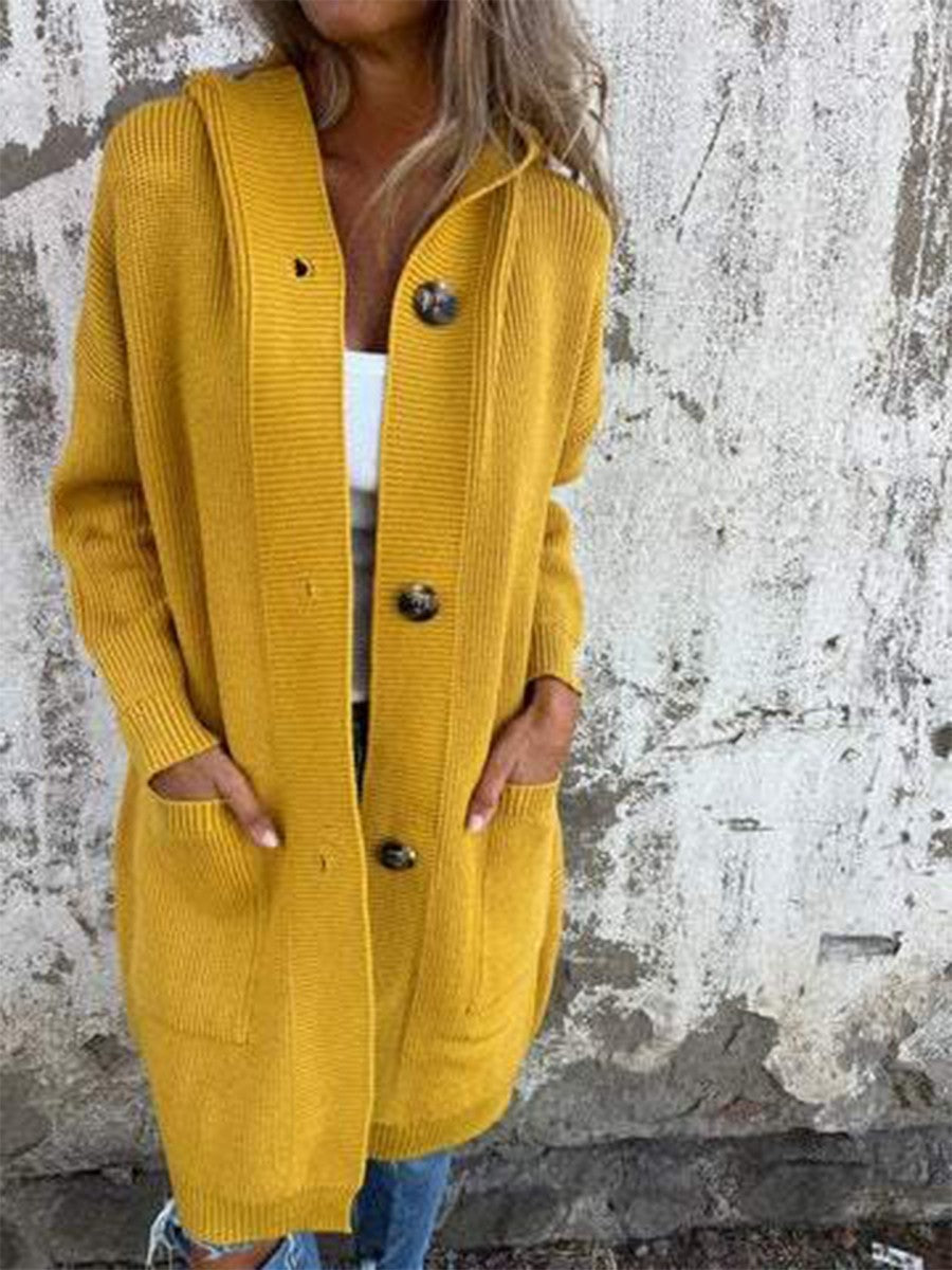 Veste Tricotée Femme à Capuche Côtelée avec Poches et Fermeture à Boutons 2
