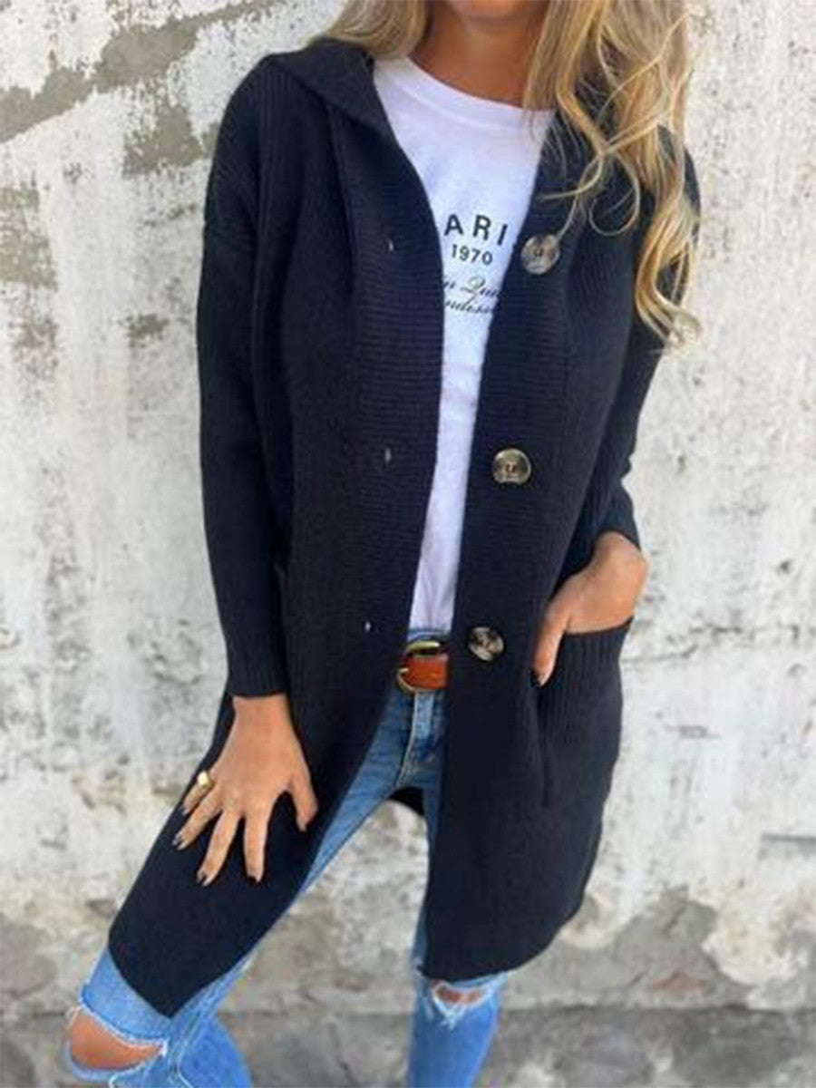 Veste Tricotée Femme à Capuche Côtelée avec Poches et Fermeture à Boutons 3