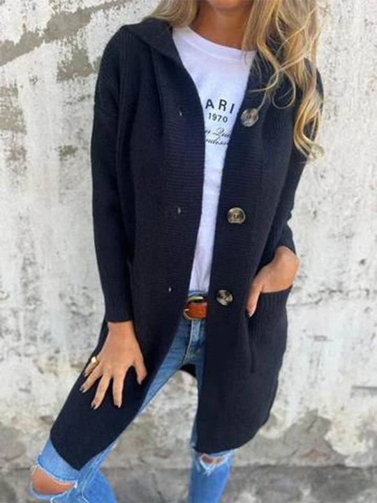 Veste Tricotée Femme à Capuche Côtelée avec Poches et Fermeture à Boutons 3