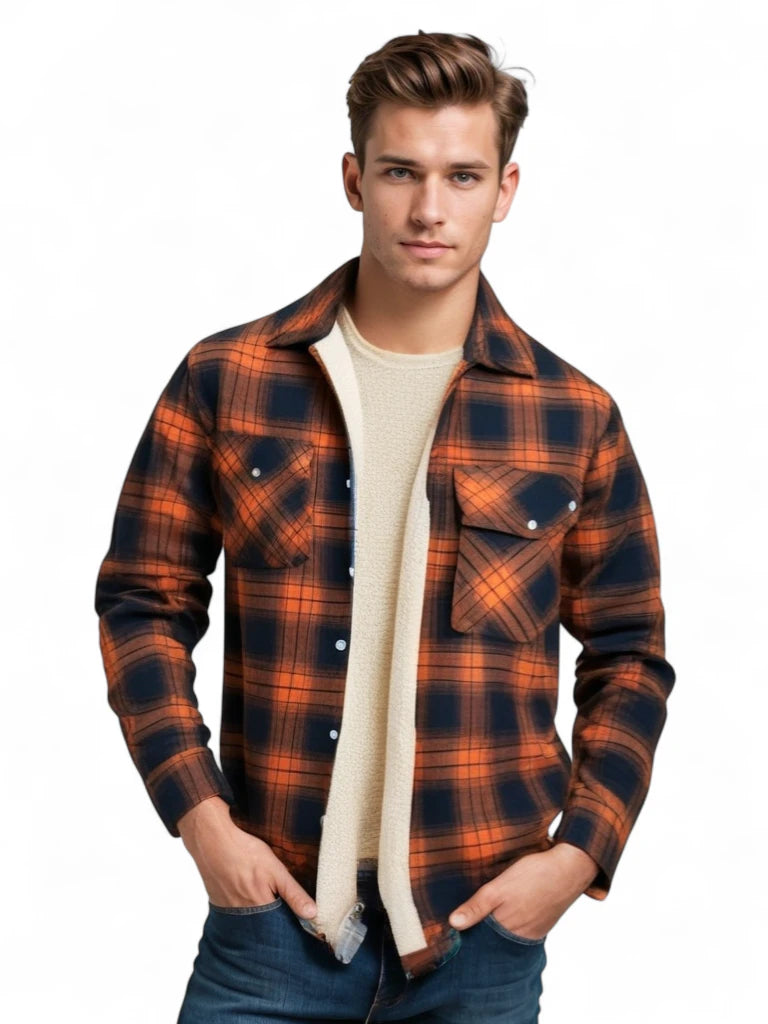 Veste à carreaux pour homme en polaire avec fermeture à boutons