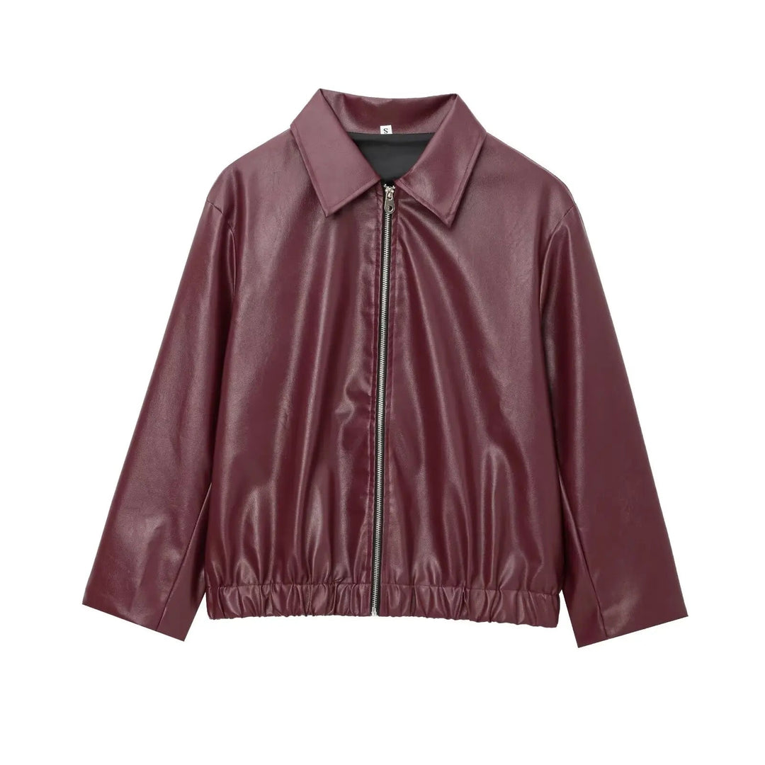 Veste en Cuir Femme Col Classique avec Fermeture Éclair 0