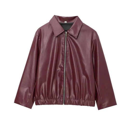 Veste en Cuir Femme Col Classique avec Fermeture Éclair 0