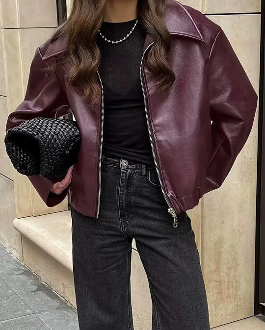 Veste en Cuir Femme Col Classique avec Fermeture Éclair 1