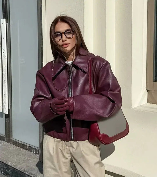Veste en Cuir Femme Col Classique avec Fermeture Éclair 2