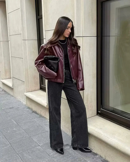 Veste en Cuir Femme Col Classique avec Fermeture Éclair 3