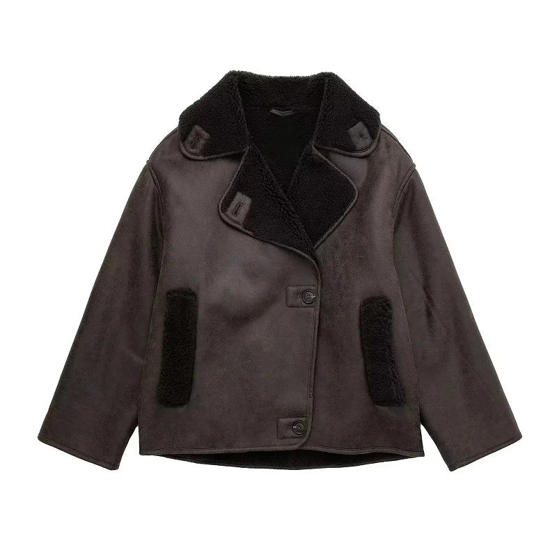 Veste en Cuir Femme Doublure Douillette Col Large Automne Hiver 0