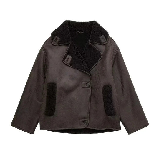 Veste en Cuir Femme Doublure Douillette Col Large Automne Hiver 0