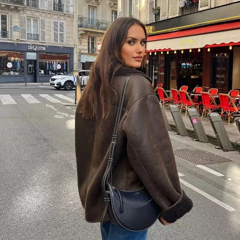 Veste en Cuir Femme Doublure Douillette Col Large Automne Hiver 2